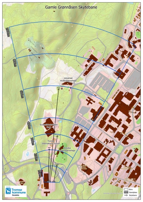 Kart som viser området hvor den gamle skytebanen på Tromsøya lå.