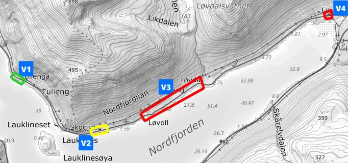 Kartutsnitt Vasstrandvegen evakuering 17. mars 2025 grunnet snøskredvarsel