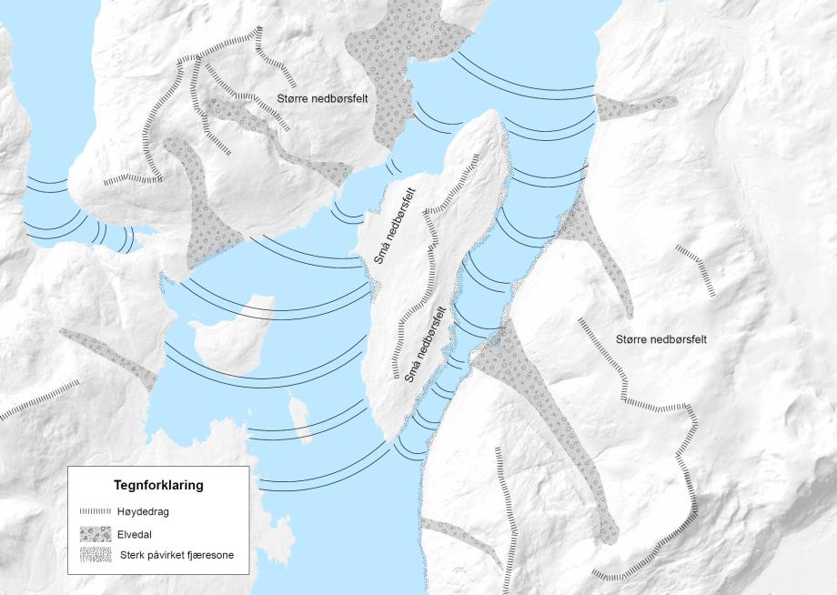 Kart som viser nedbørsfelt i byområdet i Tromsø