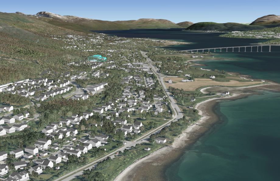 Kartutsnitt 1 - viser et område hvor det kan være aktuelt å plassere nytt bo- og velferdssenter på Kvaløya. Dagens sykehjem er uthevet.