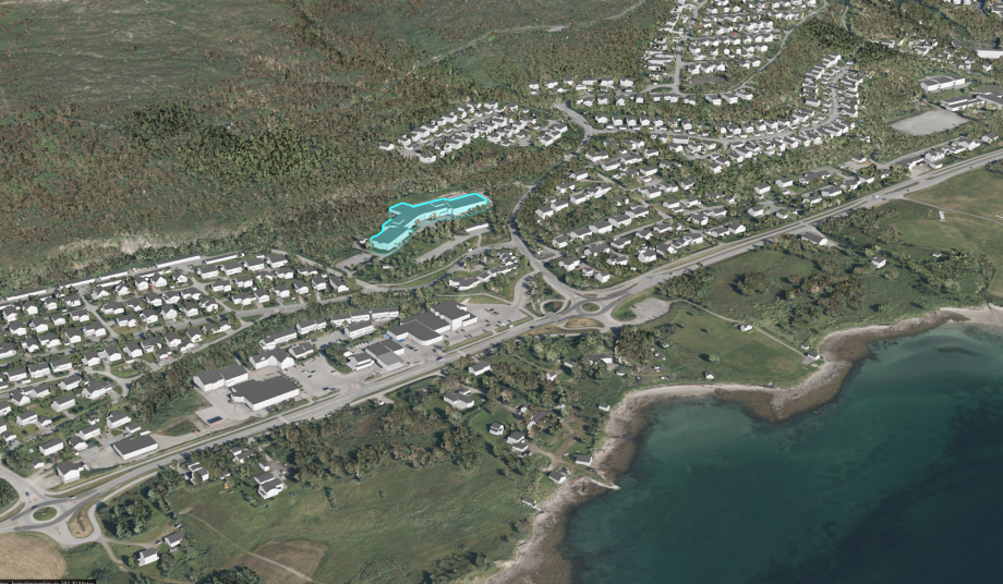 Kartutsnitt 2 - viser et område hvor det kan være aktuelt å plassere nytt bo- og velferdssenter på Kvaløya. Dagens sykehjem er uthevet.