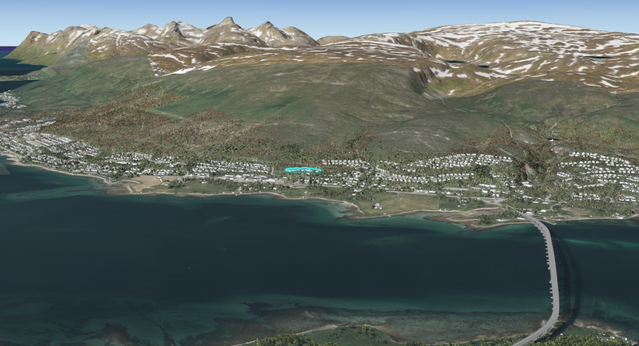 Kartutsnitt 4 - viser et område hvor det kan være aktuelt å plassere nytt bo- og velferdssenter på Kvaløya. Dagens sykehjem er uthevet.
