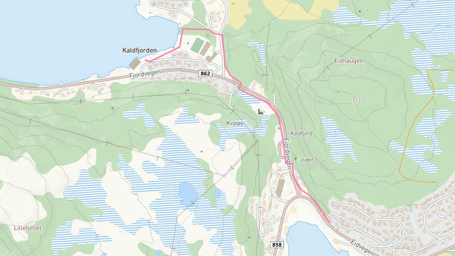 Kart som viser trasé for ny avløpsledning i Kaldfjorden