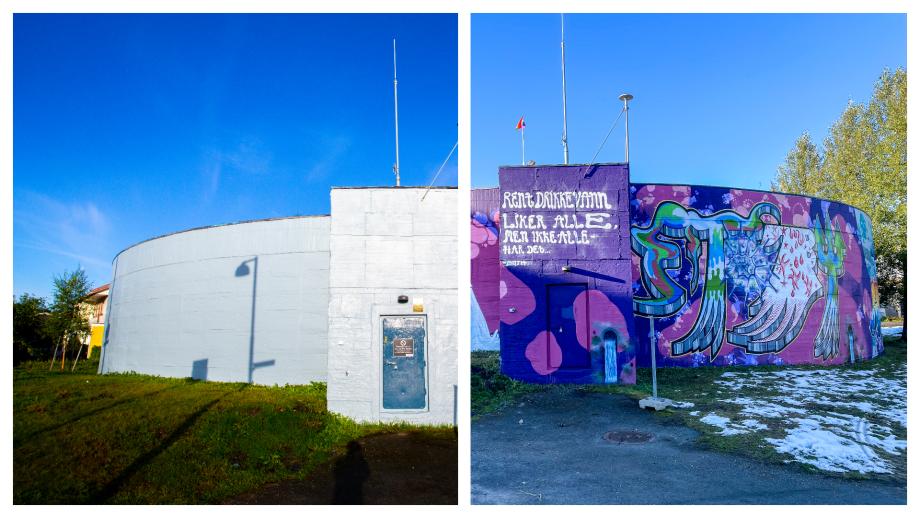 To bilder i collage viser Forhåpningen trykkbasseng før og etter at gatekunstprosjektet startet.