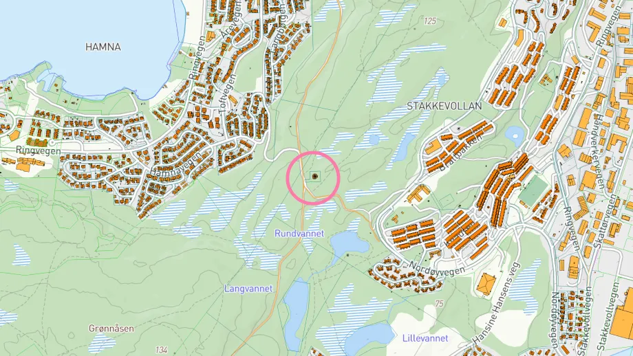 Kart som viser høydebassengets plassering i lysløypa.