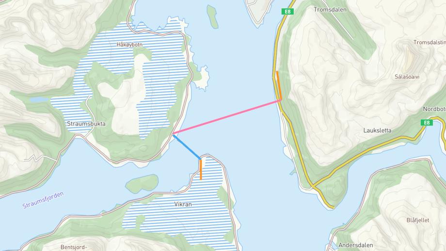 Kart som viser vannforsyning fra fastlandet via kvaløya til vikran