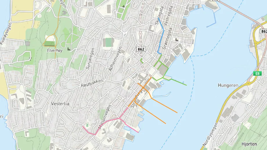 Kart av sentrum sør som viser gravetrase i alle fire prosjekter