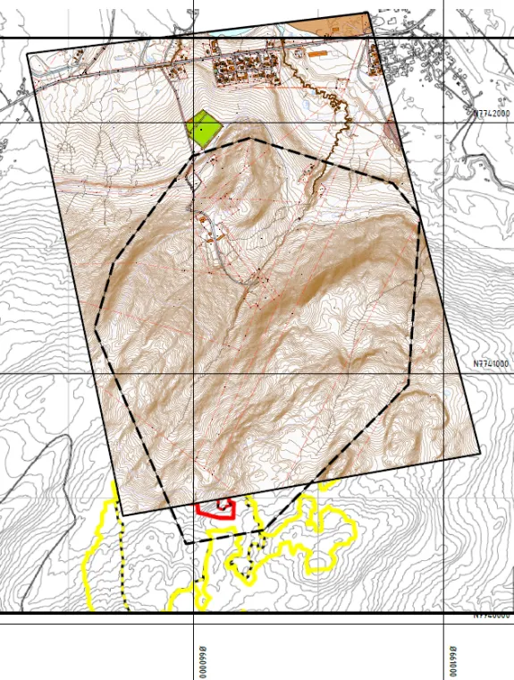 Kartutsnitt som viser ny plangrense for Kjoselvdalen skytebane.