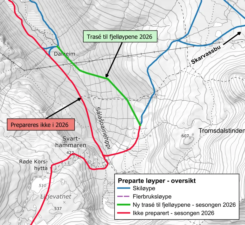 Kart over skil&oslash;ypetraseene i Tromsdalen. 