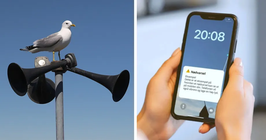 Todelt bilde: En tyfon til venstre på bildet, og en mobiltelefon som holdes i en hånd på høyre side.