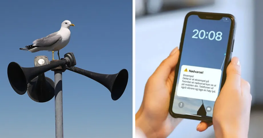 Bildet er sammensatt av to bilder. Bildet til venstre viser eksempel på tyfonene som Sivilforsvaret bruker for å spille av varslingssirenene, og bildet til høyre viser hvordan en nødmelding på mobil kan se ut.