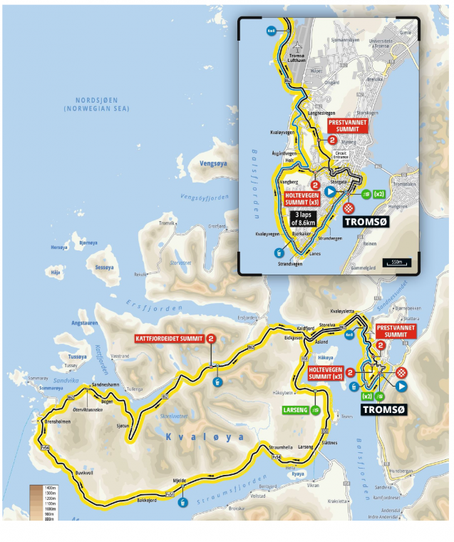 Kart som viser løypen syklistene i Arctic Race skal kjøre på Tromsøya og Kvaløya.