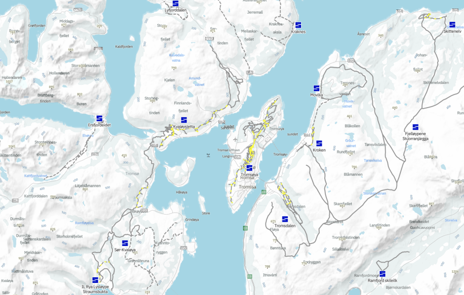 Skjermdump fra tjenesten skisporet.no som viser deler av løypenettet for langrenn i Tromsø kommune.
