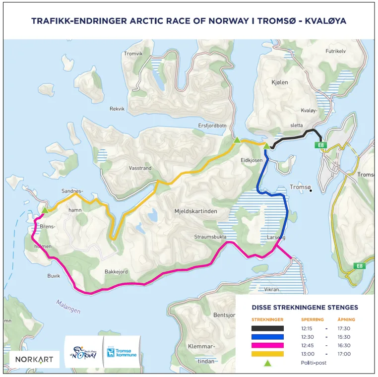 Kart som viser hvilke veier på Kvaløya som stenges og når de stenges.