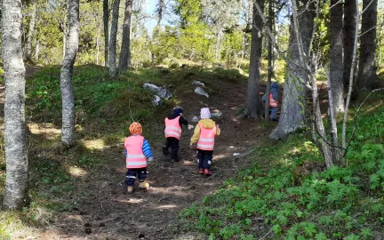 Barn p&aring; tur i skogen en sommerdag med gr&oslash;nt gress og h&oslash;ye tr&aelig;r