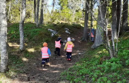 Barn på tur i skogen en sommerdag med grønt gress og høye trær