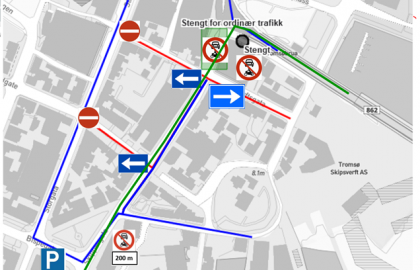 Dette kartet viser hvor bygatene stenges og hvor det blir omkjøring for ordinær biltrafikk som følge av at Skippergata er sommerstengt for privatbilisme.