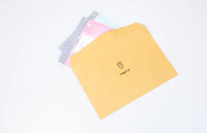 To stemmesedler i en gulbrun konvolutt med teksten "valg/val" og riksvåpenet på konvolutten. 