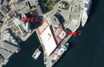 Kart over to torgplasser på havneterminalen ved Prostneset i Tromsø, som Tromsø kommune ber om navneforslag til.