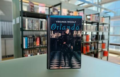 Ei bok med fronten vendt mot kamera. Bokens tittel er "Orlando." I bakgrunnen står det bokhyller. Foto