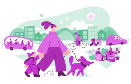 En tegning av bybildet i Tromsø med fotgjengere, syklister og andre trafikkanter. Tegningen er en illustrasjon for Bypakken Tenk Tromsø En tegning av bybildet i Tromsø med fotgjengere, syklister og andre trafikkanter. Tegningen er en illustrasjon for Bypakken Tenk Tromsø