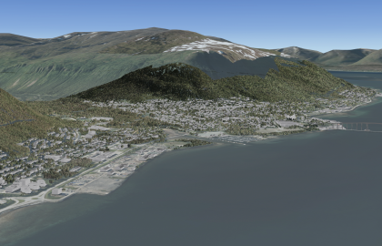 Kartillustrasjon som viser en oversikt av Tromsdalen.