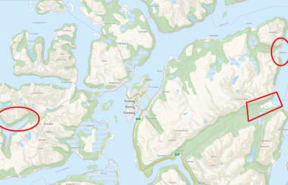 Kartet viser omtrentlige områder for snøskredfare på Breivikeidet, i Oldervik og på Vasstrand.
