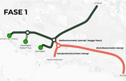 Kart som viser stengte og åpne tunneler