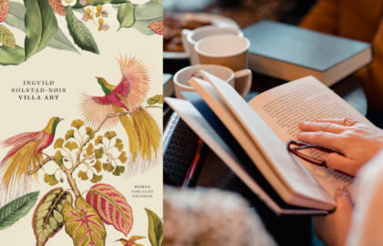 Til venstre i bildet det illustrerte omslaget av boka Villa Art. Til høyre et foto av hender som holder en åpen bok. I boka ligger et par briller, og i bakgrunnen står kopper på et bord.