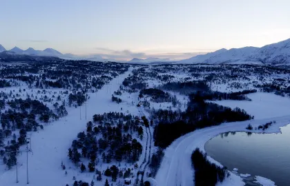 Dronefoto av gravetrase utenfor vei på Vikran.