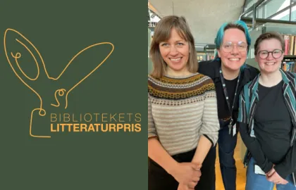 Lunsjbokprat Bibliotekets litteraturpris Til venstre illustrasjon med skriften 'Bibliotekets litteraturpris. Til høyre fotografi av tre personer som smiler mot kamera.