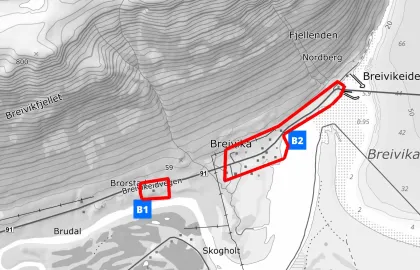 Kartutsnitt Breivikeidet, evakuering 17. mars 2025 grunnet skredfare