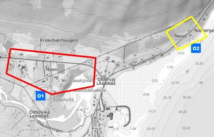 Kartutsnitt Oldervik, evakuering 17. mars 2025 grunnet skredfare