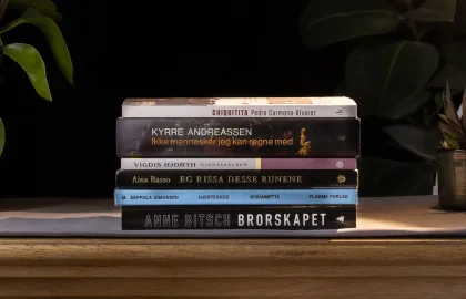 Bibliotekets litteraturpris 2025 liggende Seks bøker ligger oppå hverandre i en stabel med ryggen vendt mot kamera. Bøkene ligger oppå en skuffe av tre.