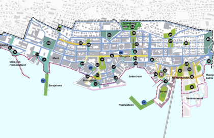 Oversiktskart av Tromsø sentrum som viser plasseringen til de mer enn 40 byrommene omtalt i Handlingsplan for byrom i Tromsø