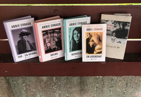 Fem b&oslash;ker stilt opp mot en vegg. Foto.