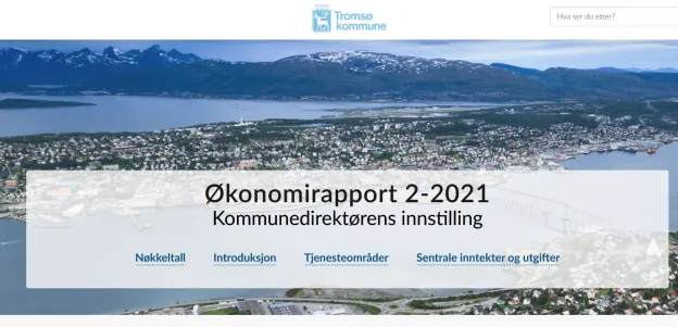 Forside på økonomirapport Forsiden på den digitale versjonen av økonomirapporten.