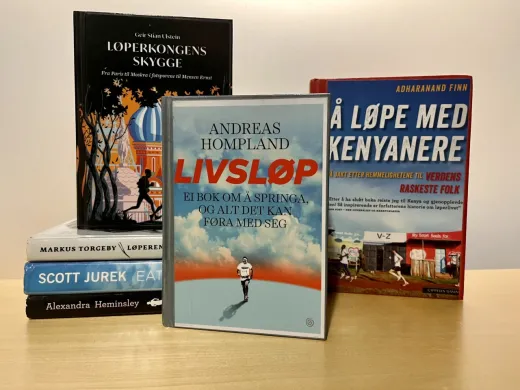 Tre b&oslash;ker oppstilt med fronten mot kamera. Boka lengst til venstre st&aring;r opp&aring; tre liggende b&oslash;ker. Foto.