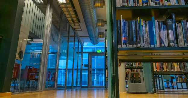 En bokhylle sett nedenfra og opp st&aring;r til h&oslash;yre. Foto.