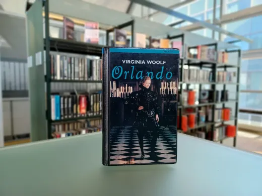 Ei bok med fronten vendt mot kamera. Bokens tittel er "Orlando." I bakgrunnen st&aring;r det bokhyller. Foto