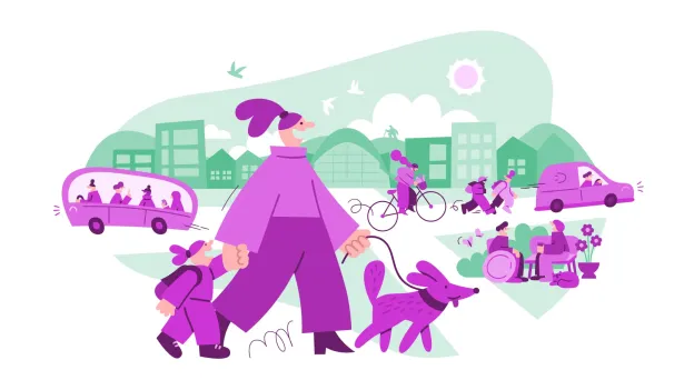 En tegning av bybildet i Troms&oslash; med fotgjengere, syklister og andre trafikkanter. Tegningen er en illustrasjon for Bypakken Tenk Troms&oslash;