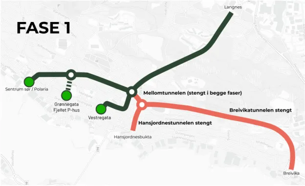 Kart som viser stengte og &aring;pne tunneler