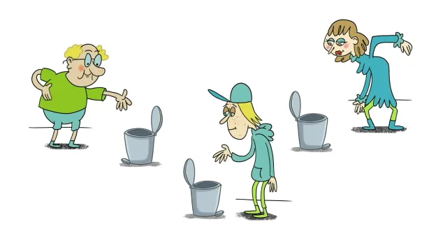 Illustrasjon av tre personer som kaster s&oslash;ppel i s&oslash;ppelb&oslash;tte