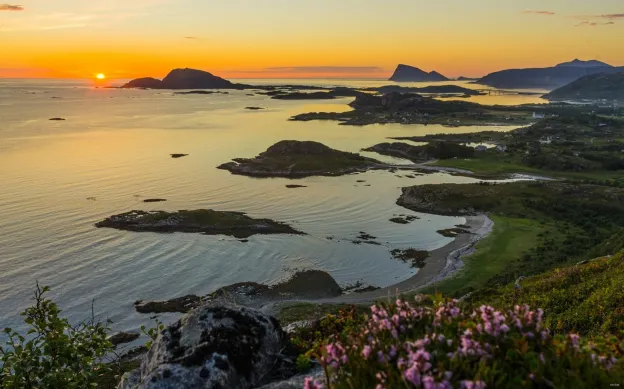 Naturmangfold som viser hav, fjell, himmel og fauna.